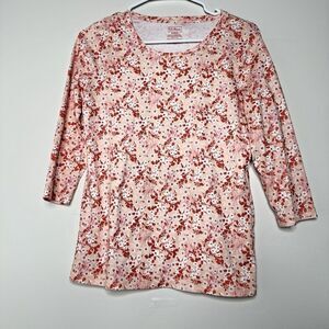 L L BEAN pima Cotton 3/4 Shaped jewelneck Sleeve Floral Printed Women size S
